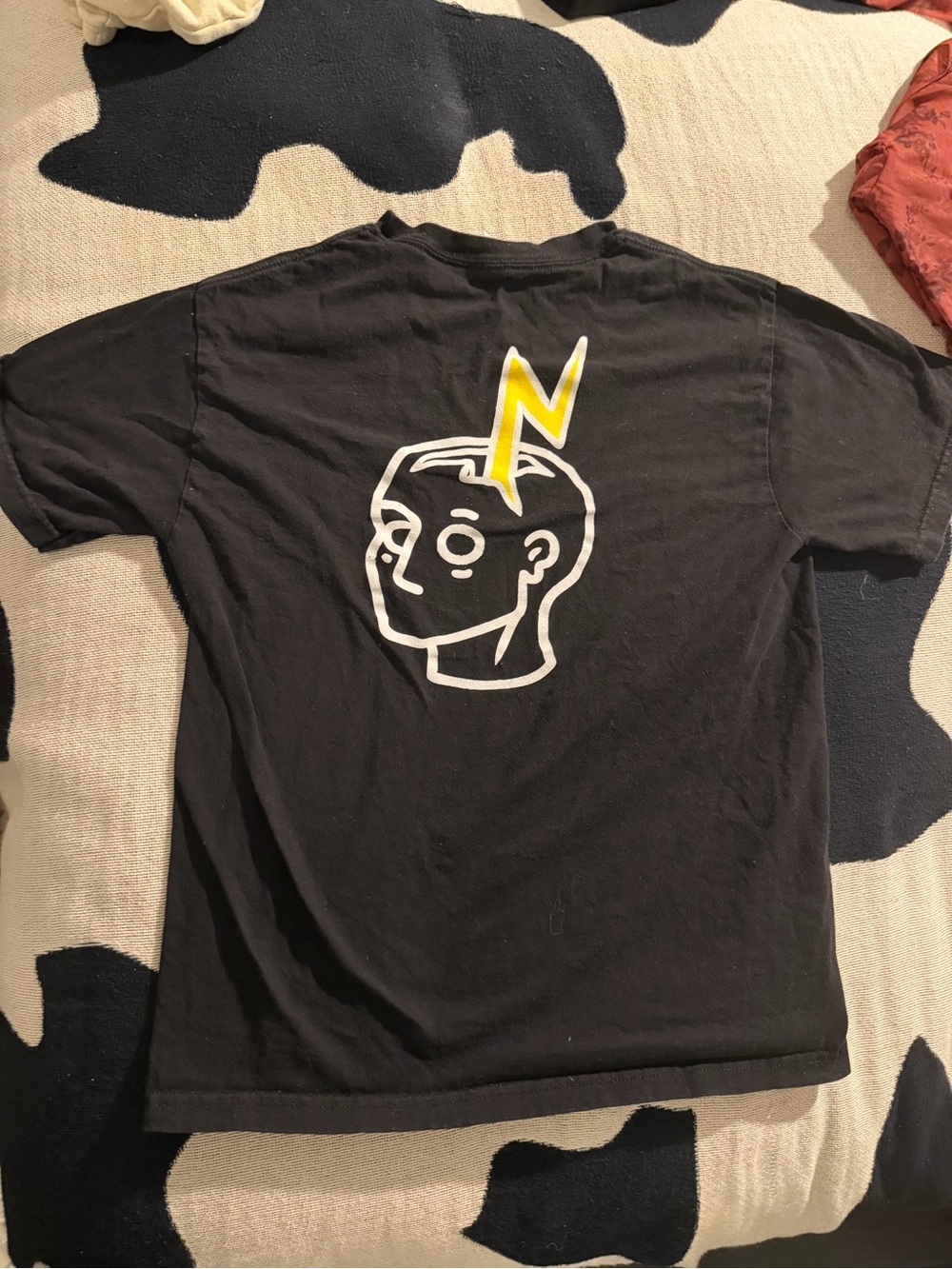 Black Graphic Tee with Yellow Lightning Head Motif Size S